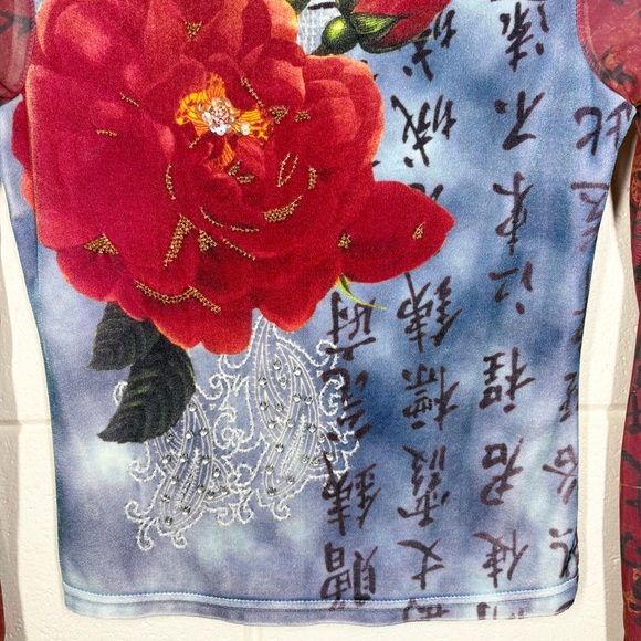 Jane Doe Y2K 90s Grunge Vintage Mesh Sleeve Top Size Medium Floral Blue Red - Picture 3 of 13